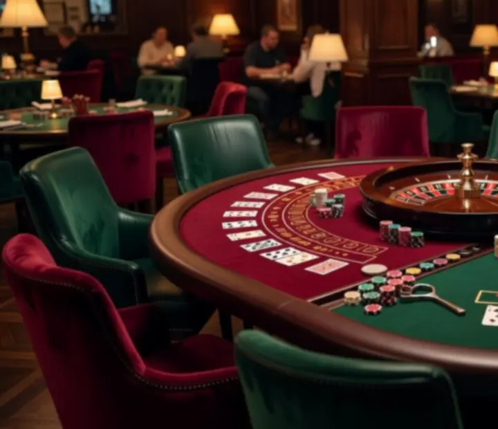 Pókerasztal, rulettasztal és blackjack asztal chips-tartóval felszerelve