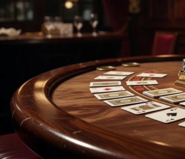 Sötét fa blackjack asztal elegáns terítéssel, kártyákkal és zsetonokkal a kaszinói étteremben