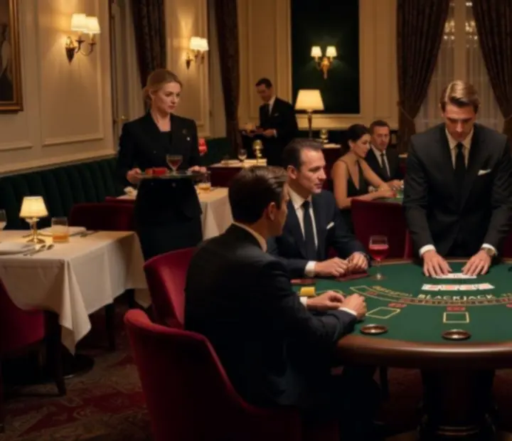 Blackjack asztalokkal és hangulatos világítással kialakított kaszinói lounge a Dining Cornehh Hr étteremben