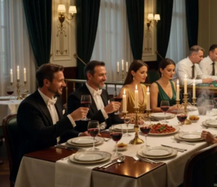 Elegáns pókerasztal mellett felszolgált vacsora a Dining Cornehh Hr kaszinói éttermében